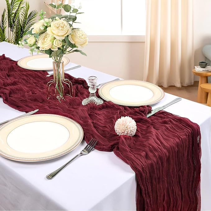 6 Pack 10FT Burgundy Cheesecloth Table Runner 120 Inch Long Gauze Rustic Boho Spring Cheese Cloth Table Runner Sheer Fabric Decorations for Holiday Party Wedding Banquet Bridal Baby Shower Décor