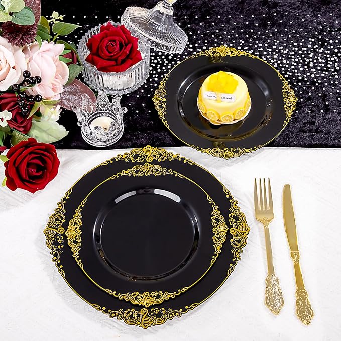 125PCS Black and Gold Plastic Plates - Black Disposable Dinnerware Set - Vintage Plastic Plates with Gold Silverware for 25 Guests for Wedding Party