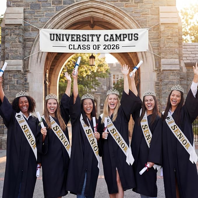 Janinka 6 Pcs Senior Sash 2026 Graduation Satin Sash with Glitter Letter Silver Crown Tiaras Cheer 2026 Gifts for Graduation Party Cheerleader Prom Photos Celebration(Black)