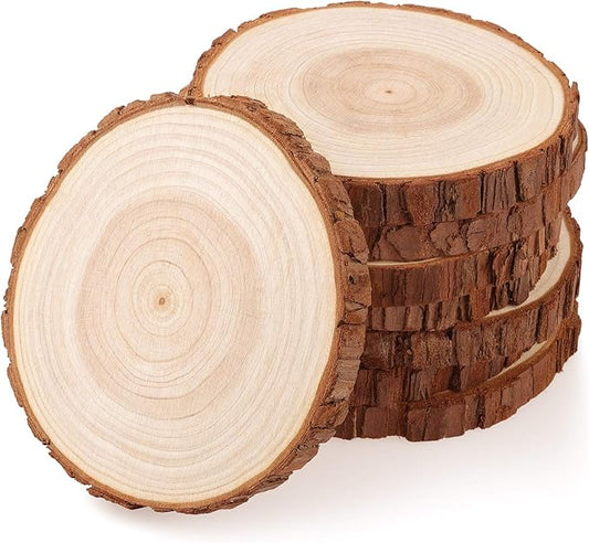 Fuyit Unfinished Wood Slices for Centerpieces, 8Pcs 5.1-5.5 Inch Natural Wooden Round Discs with Bark for Rustic DIY Crafts, Table Base, Wedding Decoration