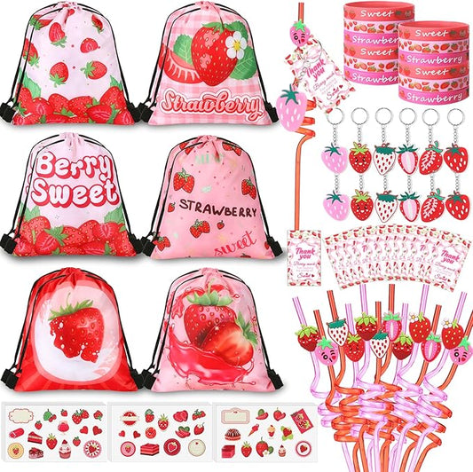 LemonRoad 73 Pcs Strawberry Party Favors Set Berry Birthday Supplies Includes Drawstring Bags Keychains Bracelets Stickers Straws Tags for Strawberry Theme Party