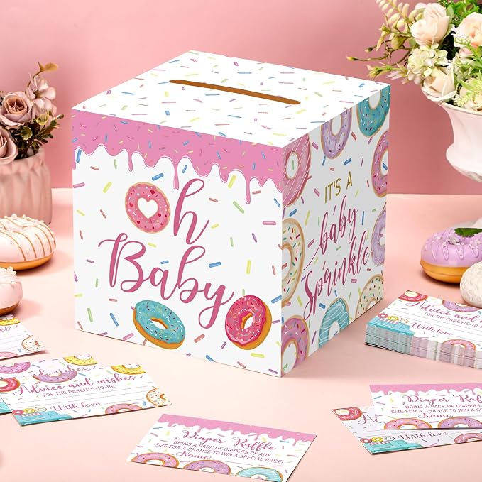 Teling 51 Pieces Diaper Raffle Tickets with Card Box Baby Shower Decorations Baby Shower Holder Box for Girl Boy Diaper Raffle Party(Donut Infant Sprinkle Decorations)