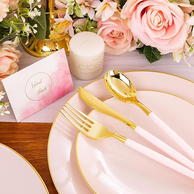 Liacere 150PCS Plastic Plates-Gold Plastic Silverware with Pink Handle - Pink Disposable Plates Include 30 Guests Plates, Forks, Spoons, Knives for Wedding＆Easter Day & Mothers Day