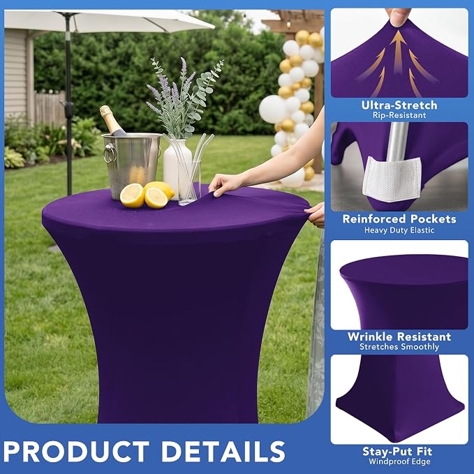 Cocktail Table Covers-Spandex Round High Top Table Cloths 6 Pack 32x43 Inch-Dark Purple Stretch Fitted Bar Tall Tablecloth for Pub Bistro Highboy Party Event Banquet Height Satnding Tables