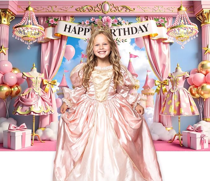 Princess Castle Happy Birthday Backdrop 7Wx5H Feet Polyester Fabric Pink Goled Balloons Pastel Cloudy Sky Cute Fantasy Decoration Girly Beautiful Photography Background Photo Shoot Props
