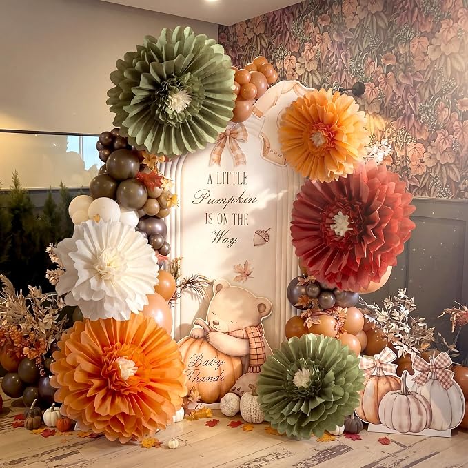 Giegxin 6 Pcs Giant Fall Paper Flowers Pumpkin Orange Sage Green Tissue Pom Poms Autumn Crepe Paper Flowers for Fall Wedding Baby Shower Birthday Boho Bridal Shower Backdrop Party Decorations