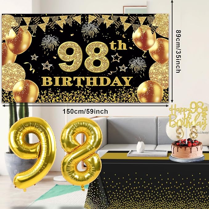 98th Birthday Decorations Men Women with 98th Birthday Banner, Black and Gold Table Cloth, Number Balloons, Large Sash, Cake Topper and Candles