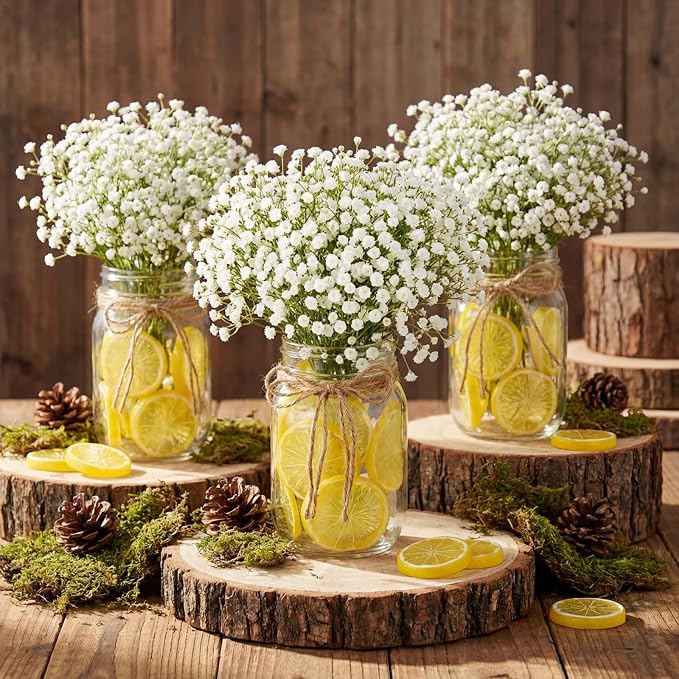 Suncalla 49 Pcs/6 Set Lemon Table Centerpiece Baby Breath Mason Jar with Burlap Fake Lemon Slices Gypsophila Centerpiece Decor for Engagement Party Bridal Shower Wedding Reception Picnic Table Decor