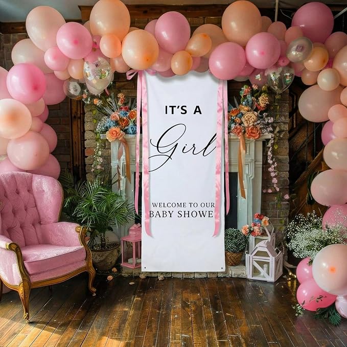 Oudain 24x60 Inch It's a Girl Burlap Banner, Baby Shower Fabric Backdrop with Pink Ribbons and Hooks, Rustic Boho Photo Props Sign for Gender Reveal Party Wall Hanging Indoor Outdoor Decoration