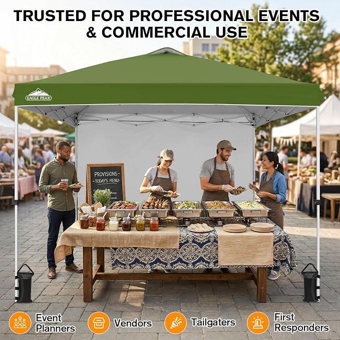EAGLE PEAK Commercial Canopy 10x10 Pop Up Canopy Tent with 1 Sidewall, Easy Setup Heavy Duty Instant Event Shelter for Vendors & Markets, Outdoor Sun Shade, Grass Green