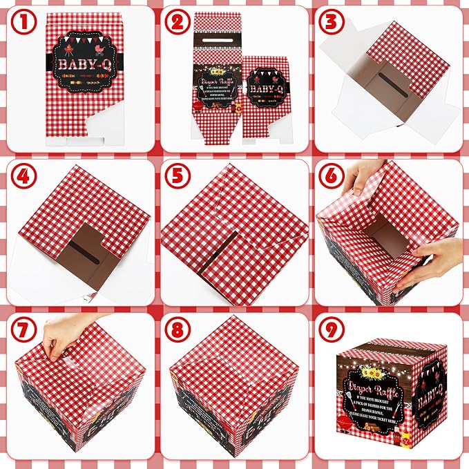 Teling 51 Pieces Diaper Raffle Tickets with Card Box Baby Shower Decorations Gender Reveal Holder Box for Girl Boy Diaper Raffle Party (BBQ Style)