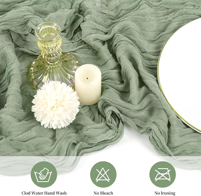 10 Pack Cheesecloth Table Runner 17 x 108 inch Long Boho Gauze Table Runners Semi Sheer Table Runner for Wedding Decor, Baby Shower, Birthday Party, Banquet (Sage Green)
