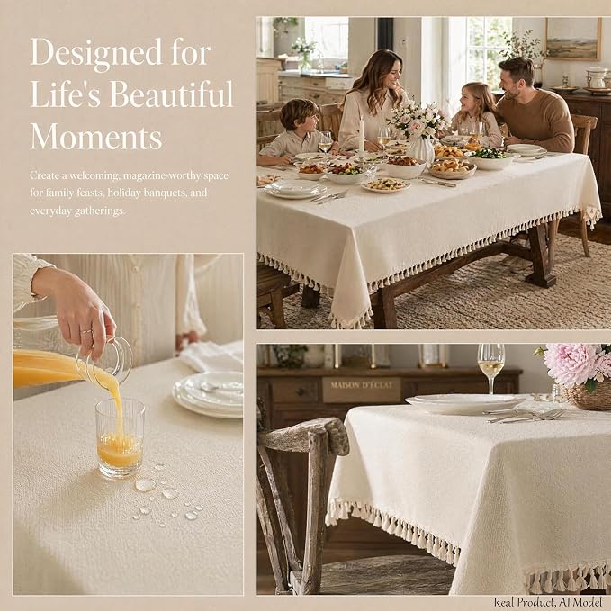 Beige Linen Tablecloth for Rectangle Tables 55x86 Inch | Waterproof Heavyweight Farmhouse Table Cloth with Tassel, Wrinkle Free Cover for Dining Party