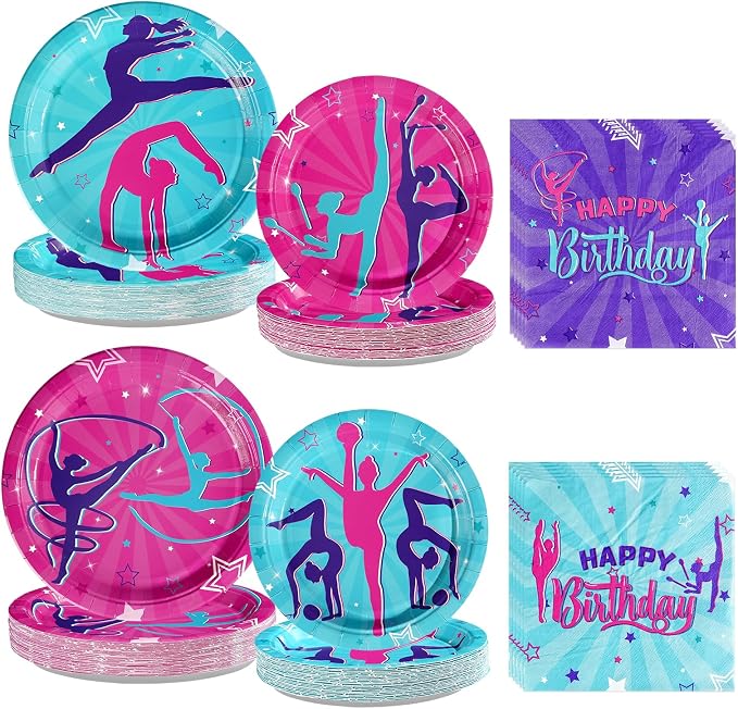 200Pcs Gymnastics Birthday Party Supplies Gymnastics Plates and Napkins Disposable Dance Gymnasts Themed Tableware Set for Little Dance Gymnasts Girls Birthday Party Decorations Serves 50