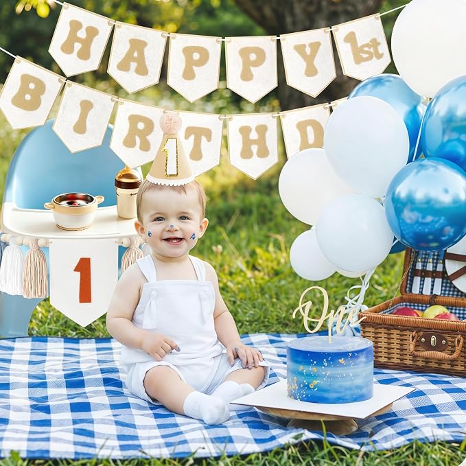 THAWAY 1st Birthday Decorations Boy, First Birthday Becorations for Boy and Girl with Banner, One High Chair Banner, Hat and Wood Cake Topper for One Year Old Party Decor