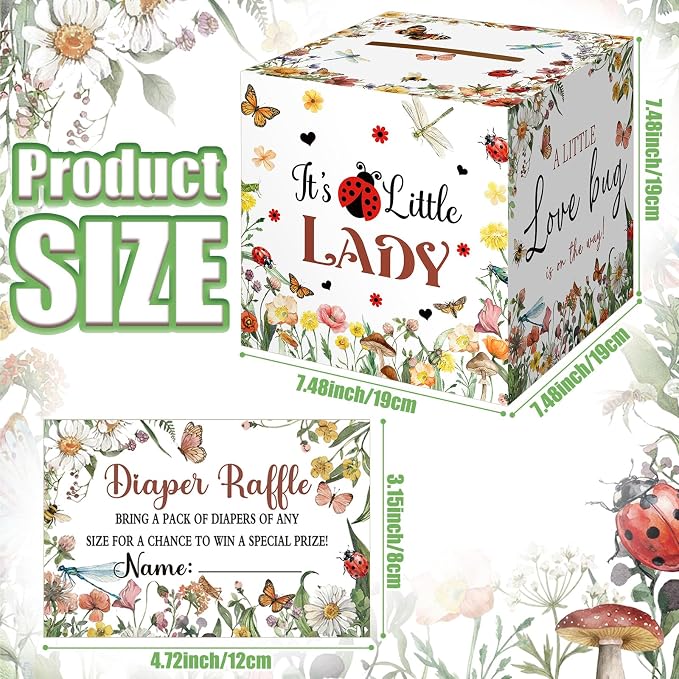 Teling 51 Pieces Diaper Raffle Tickets Box with Card Baby Shower Decorations Gender Reveal Holder Box for Girl Boy Diaper Raffle Party (Love Bug Style)
