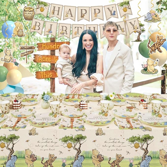 192pcs Winnie Birthday Decorations, Vintage Winnie Bear Plates Napkins Cups Forks Tablecloth Balloons Banner Hanging Swirls Cupcake Toppers for Boy Girl Party Supplies 25 Guests