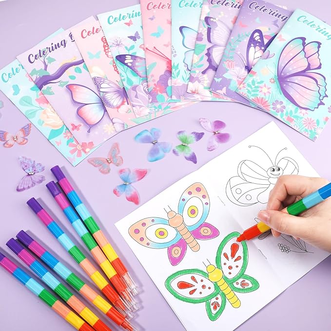 BenLouis 24 Butterfly Mini Coloring Books Kids with 24 Stacking Crayons Butterfly Theme Party Favors Activity Books Bulk for Kids Spring Fairy Birthday Goodie Bag Gift Stuffer Classroom Reward