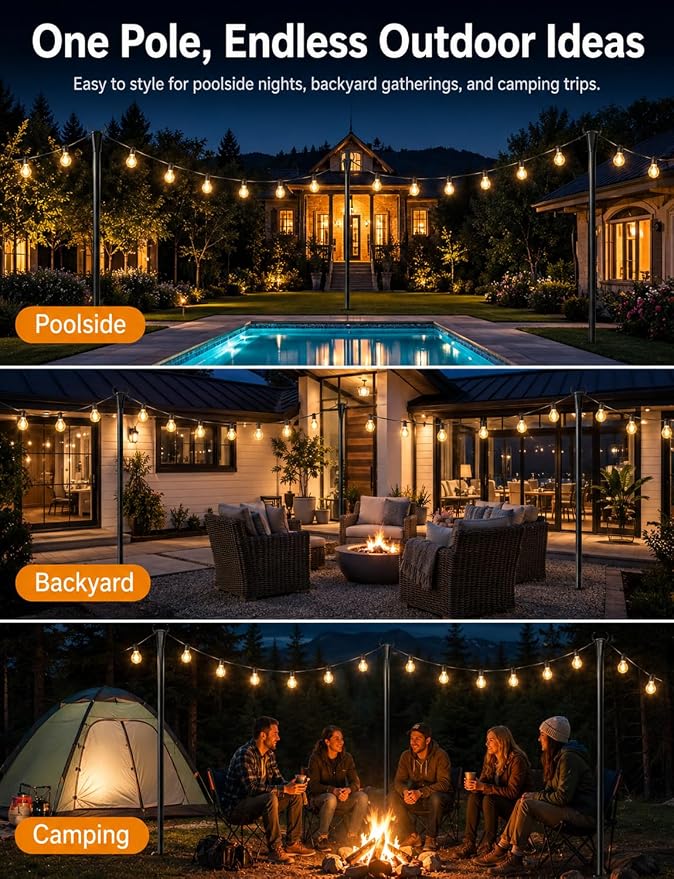 2 Pack String Light Poles for Outside, Thickened Metal Lights Hanger Pole Outdoor with Fork, Lighting Hanging Post Accessories for Patio Decor Garden Backyard Yard Front Porch Outside Decorations