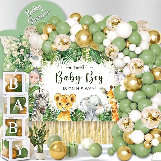 140PCS Safari Jungle Baby Shower Decorations, Safari Baby Shower Supplies, Sage Green Balloon Garland Kit, BABY Boxes, Backdrop Banner