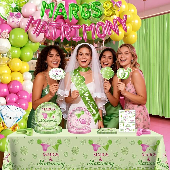 cocomigo 264pcs Margs and Matrimony Bachelorette for Bestie, Best Friend, Worry-free One-stop Set for 25 Guests, includes Balloon Arch Plates Tablecloth, Easy Setup for Margarita Bachelorette Party