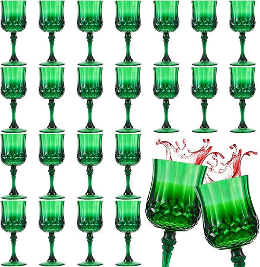 Pinkunn 24 Pcs 7 oz Plastic Vintage Wine Glasses Reusable Colored Goblets Patterned Drinking Water Glasses Cup Dishwasher Safe for Mother's Day Wedding Reception Party Supplies (Green)