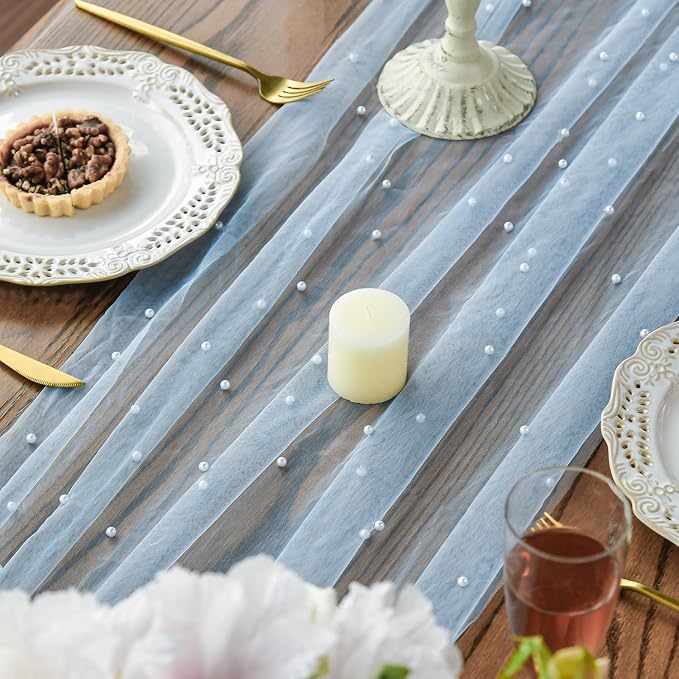 Artoid Mode 3PCS Pearl Blue Gauze Table Runner 120 Inch 10FT, Seasonal Sheer Dining Holiday Wedding Birthday Baby Shower Table Decor for Home Party