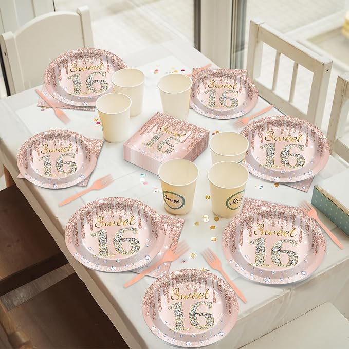 96PCS Rose Gold Sweet 16th Birthday Party Paper Plates and Napkins Sixteenth Birthday Party Decoration 16 Years Old Disposable Cake Dessert Tableware Set Serves 24 Guests Girls Ladies Supplies Favor