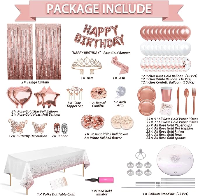 Guudmua 285 Pcs Rose Gold Party Decorations, Birthday Decorations For Women Or Girl - Knives, Forks and Spoons, Tiara, Butterfly, Sash, Paper Pom Poms, Balloon Stand, Tableware For 25 Guests