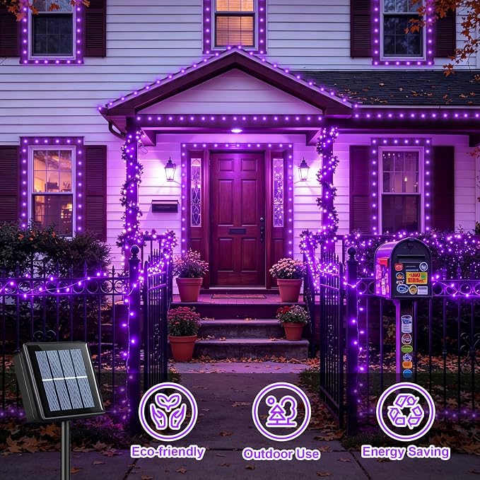 QITONG Purple Solar String Lights, 2 Pack Each 33ft 100 LED Solar Christmas Fairy Lights Outdoor Waterproof, 8 Modes Green Wire Twinkle Lights for Outside