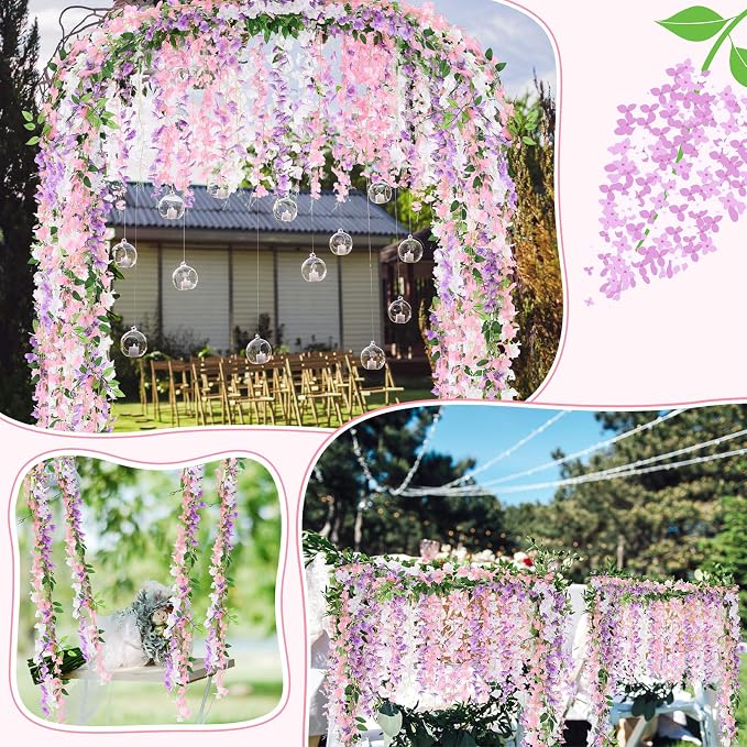 Thiccywoov 4pcs Wisteria Artificial Flowers Garland, 7.2Ft/Piece Wisteria Hanging Flowers Garland for Wedding Arch Decoration Outdoor Ceremony Home Backdrop Garden (Light Purple,White,Light Pink)