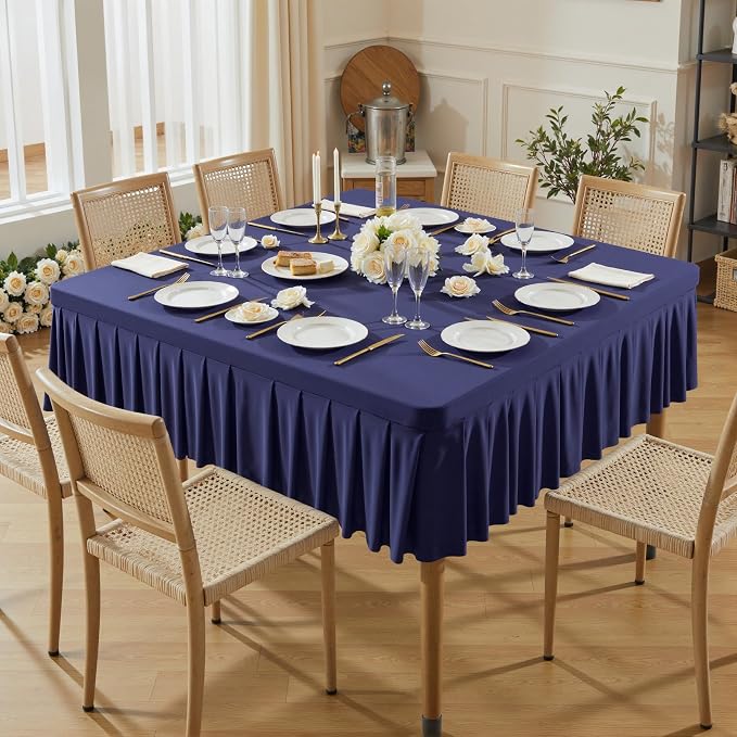 Wish Care Navy Blue Spandex Tablecloths for 54x54 Inch Square Tables, Stretch Fitted Table Clothes with Pleated Ruffle Skirt for 54” Table, Wrinkle Free and Elastic, for Party Kitchen Home Dining