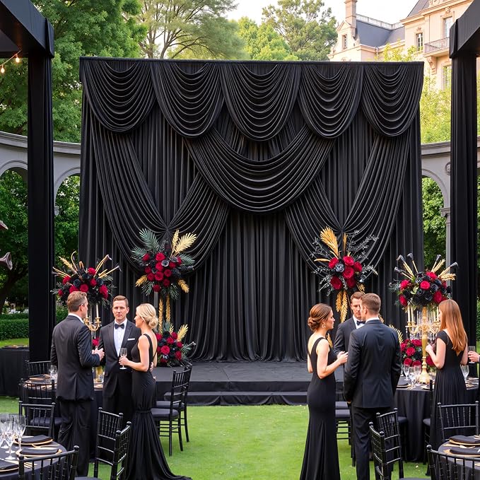 10ftx15ft Wrinkle Free Black Backdrop Curtain, 2 Panels 15FT Height Black Drapes for Wedding, Silky Polyester Polyester Back Drop Cloth Draping for Birthday Party Photography Background Party