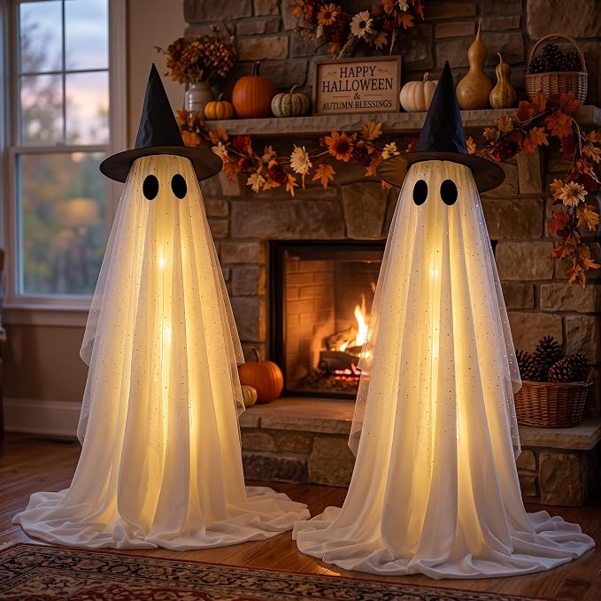 Halloween Decorations Outdoor, Spooky Ghost Halloween Decor with Witch Hat | Set of 2, Adjustable Height,Remote Control & Timer,Unique Ghost & Witch Fusion Design, Sparkling Sheer Tulle and White Fabric