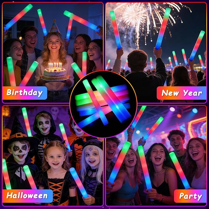 wellent 70PCS LED Foam Glow Sticks Bulk, Foam Light Up Sticks with 3 Colorful Flashing Modes, Glow in Dark Party Supplies, Party Light Sticks Pack for Wedding, Concert, New Year, Halloween, Christmas