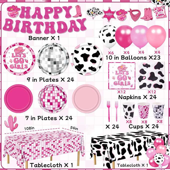 147pcs Cowgirl Birthday Party Decorations, Disco Cowgirl Party Decorations Includes Banner, Garland, Plates, Napkins, Cups, Forks, Tablecloths and Balloons for Western Cowgirl Party (Serves 24)