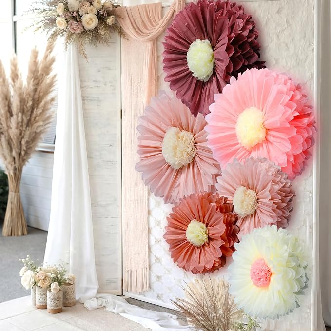 Giegxin 6 Pcs 31.5", 24" Pink Giant Paper Flower Boho Large Tissue Paper Flower for Wall Big Pink Pom Pom Floral Decorations for Wedding Bridal Shower Tea Party Baby Shower Classroom Birthday Decor