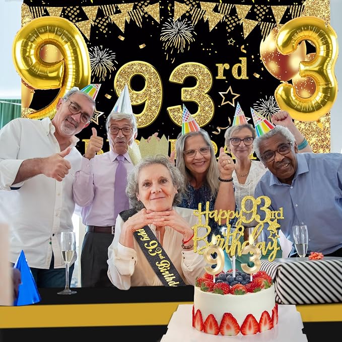 93rd Birthday Decorations Men Women with 93rd Birthday Banner, Black and Gold Table Cloth, Number Balloons, Sash, Cake Topper and Candles