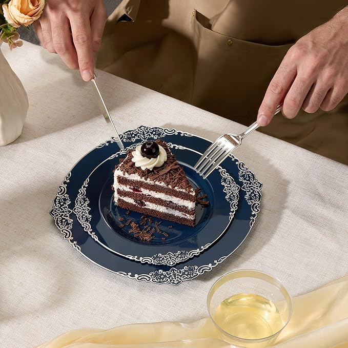 Goodluck 250 PCS Vintage Navy Blue & Silver Plastic Plates with Cutlery Set - Serves 50 - Heavy Duty Elegant Disposable Dinnerware for Graduation, Men's Birthday, Corporate Events