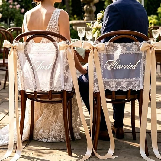 Just Married Wedding Chair Signs for Bride and Groom, Sheer Lace Back Banners with Champagne Ribbon, 2 Piece Set, 17.72 x 13.78 Inch