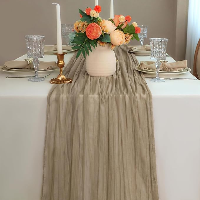 Snowkingdom Nude Brown Cheesecloth Table Runner Taupe Light Tan 120 Inch Long 10FT Boho Rustic Neutral Gauze Sheer Runner for Wedding Baby Shower Birthday Christmas Holiday Party Decorations