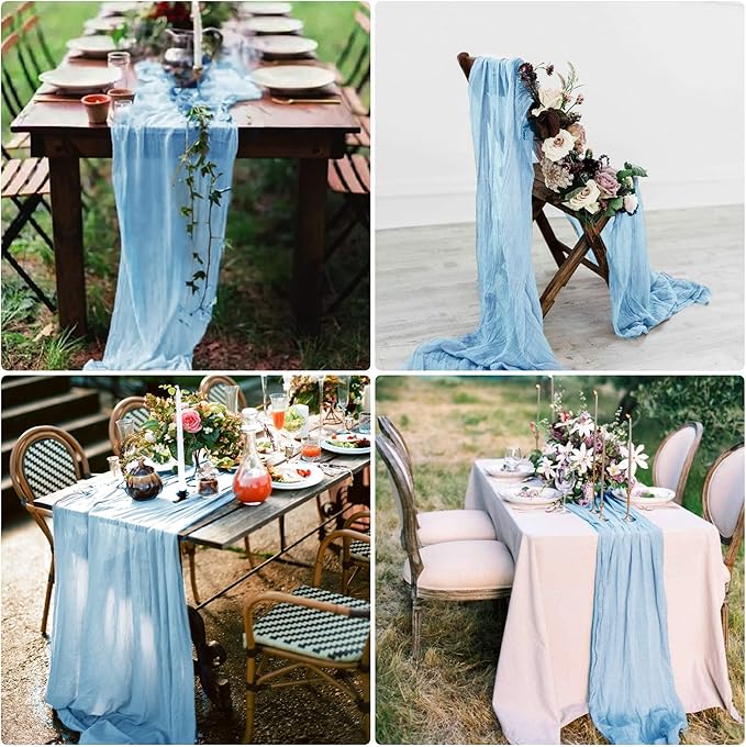 15 Pack Baby Blue Cheesecloth Table Runner 10Ft Gauze Cheese Cloth Table Runner 35x120Inch Boho Table Runners for Wedding Birthday Party Anniversary Engagement Bridal Baby Shower Reception Table Décor