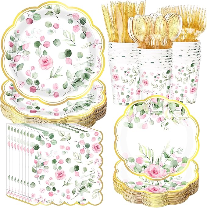 400 Pcs Sage Green Color Party Supplies Serve 50 Guests Eucalyptus Flowers Disposable Paper Plates Napkins and Cups for Bridal Baby Shower Birthday Wedding Party Decorations (Pink,Elegant)