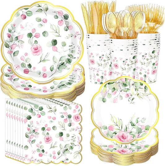 400 Pcs Sage Green Color Party Supplies Serve 50 Guests Eucalyptus Flowers Disposable Paper Plates Napkins and Cups for Bridal Baby Shower Birthday Wedding Party Decorations (Pink,Elegant)