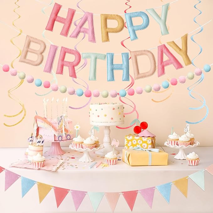 Kriyokiaa Pre-Strung Felt Happy Birthday Banner Retro Pastel Happy Birthday Party Decorations with Pom Pom Garland, Flag and Hanging Swrils for Women Girls Party Decor