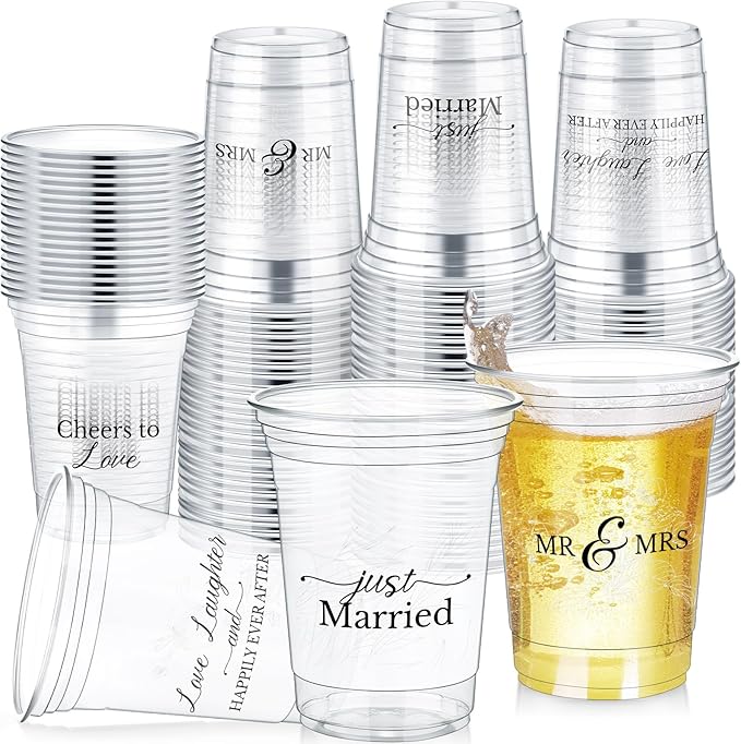 Jingmore 100 Pcs Wedding Plastic Cup 12 oz Wedding Disposable Cups for Reception Thick Clear Cup Happily Ever After Mr and Mrs Just Married Cups for Bridal Shower Decorations (White Floral)