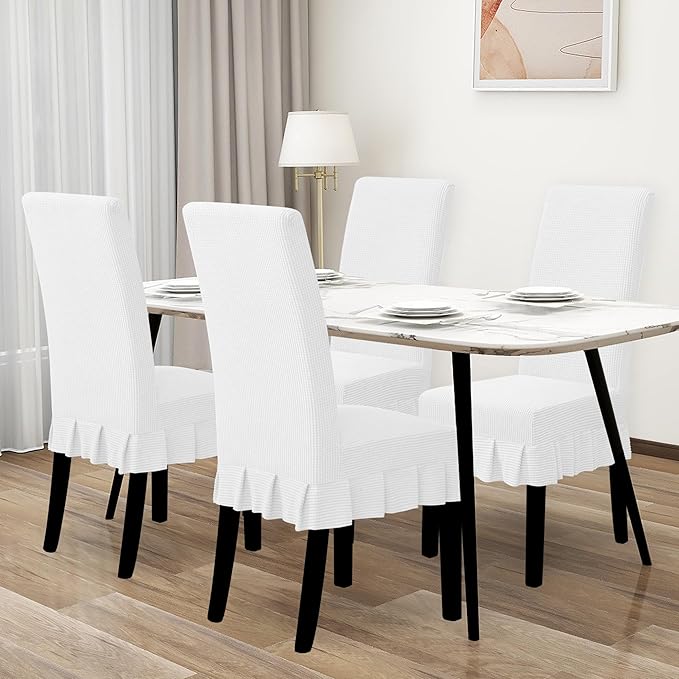 Easy-Going Dining Chair Covers Stretch Parsons Chair Slipcover with Skirt Chair Covers for Dining Room Restaurant Banquet (4 PCS, White)