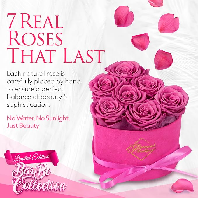 GLAMOUR BOUTIQUE 7 Flower Forever Heart Shape Box, Mothers Day Gift For Mom, Eternal Preserved Roses Gift for Her, Flowers bouquet, For Birthday, Anniversary, Girlfriend - Velvet Pink (Color-Treated)