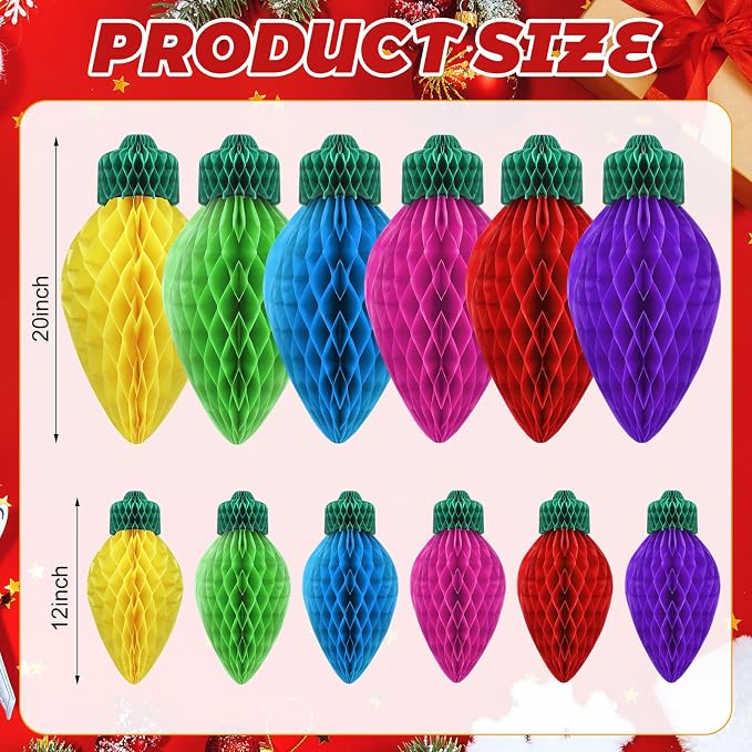 12 Pcs 20" and 12" Bright Jumbo Christmas Lights Honeycomb Hanging Decoration Large 3D Light Bulb Xmas Assorted Colors Honeycomb Light for Christmas Tree Mantel Ceiling Classroom Ornament
