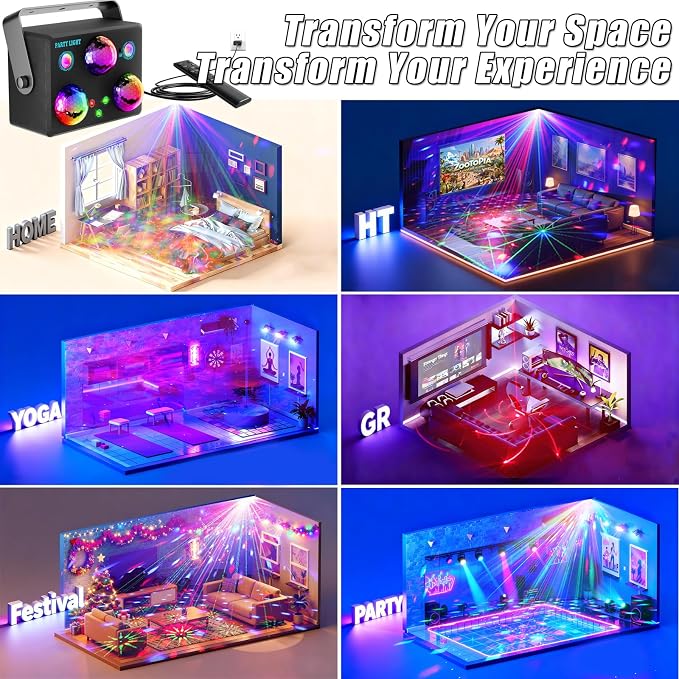Disco Ball Party Lights,DJ Disco Light Sound Activation & Remote Control Stage Lighting with Star Projector, Ocean Wave and LED Strobe for Home Christmas Birthday Wedding Bar and Club Decorations